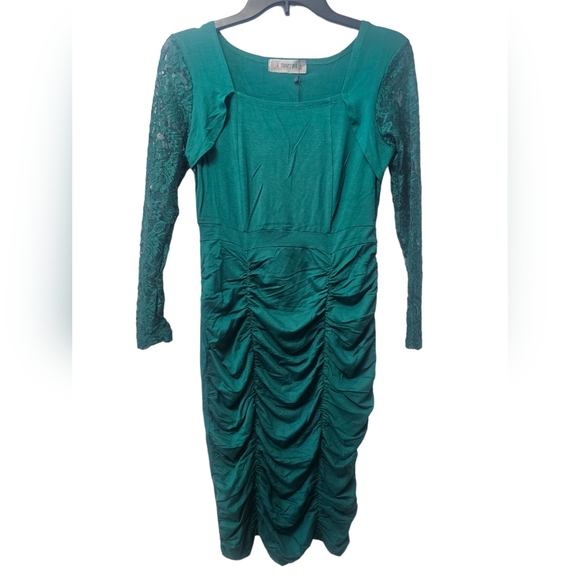 NWT Tam Ware Ruched Detail Bodycon Dress with Square Neck and Lace Sleeves Small - Picture 2 of 5